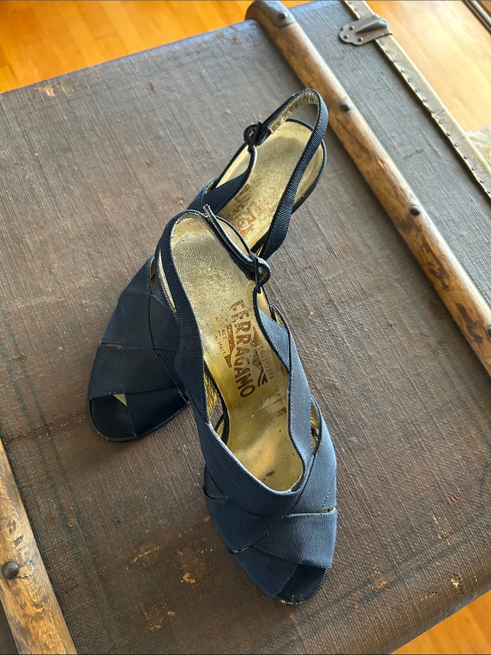 Salvatore Ferragamo Navy Peep-Toe Slingback Heels